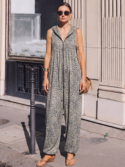 High Waisted Loose Contrast Color Leopard Pleated Pockets Split-Joint Zipper Hooded Anklets Jumpsuits