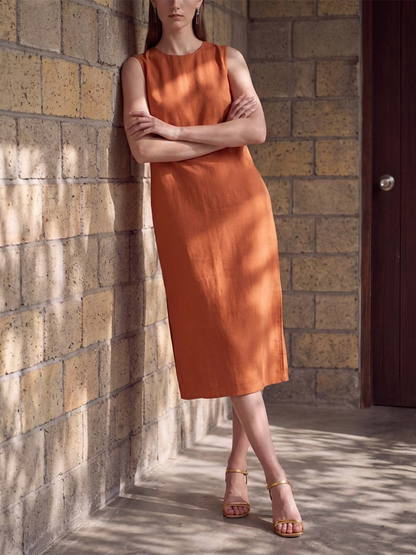 Loose Sleeveless Pockets Solid Color Round-Neck Midi Dresses