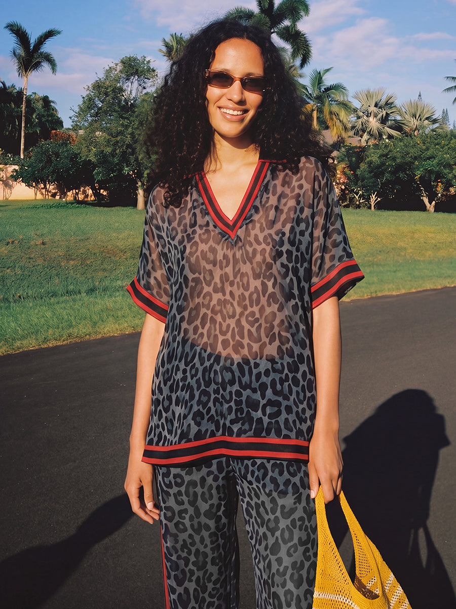 Loose Short Sleeves Contrast Color Leopard See-Through Split-Joint Striped Lapel Blouses&Shirts Tops