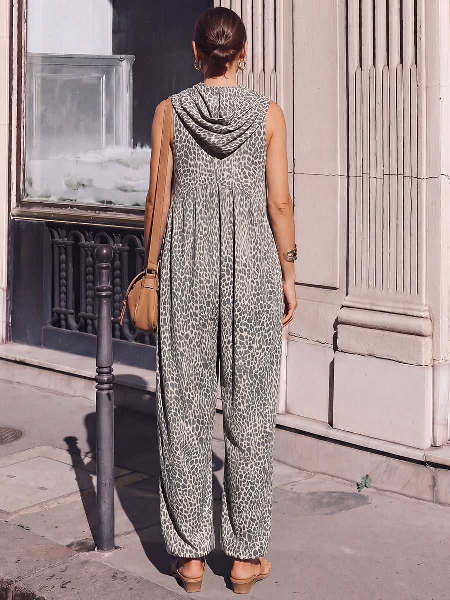 High Waisted Loose Contrast Color Leopard Pleated Pockets Split-Joint Zipper Hooded Anklets Jumpsuits