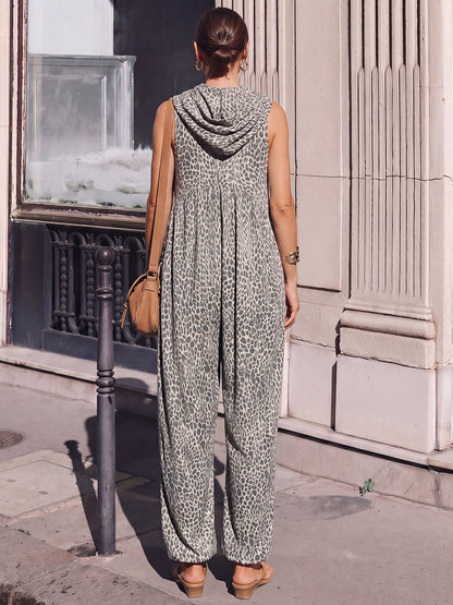 High Waisted Loose Contrast Color Leopard Pleated Pockets Split-Joint Zipper Hooded Anklets Jumpsuits