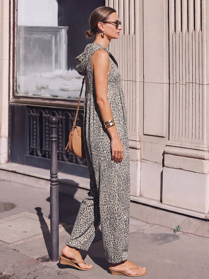 High Waisted Loose Contrast Color Leopard Pleated Pockets Split-Joint Zipper Hooded Anklets Jumpsuits