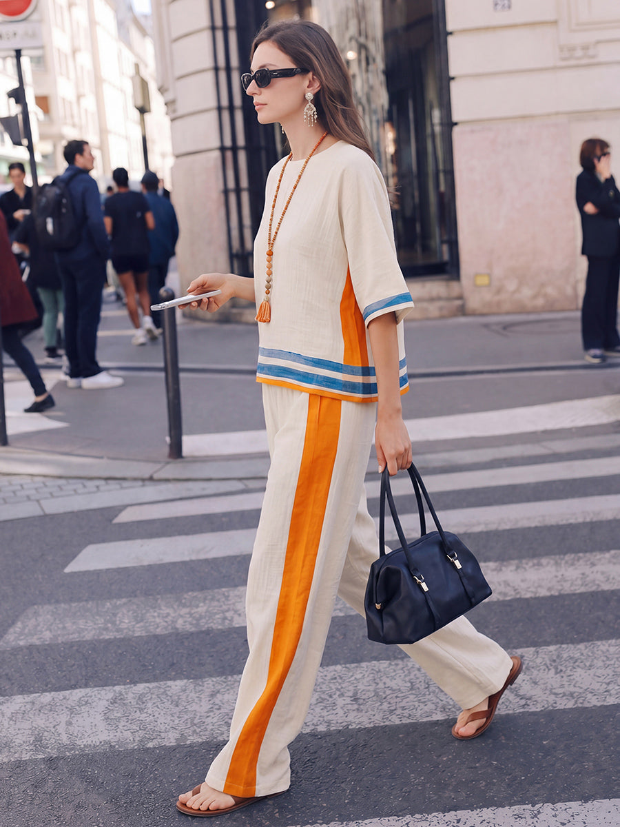 High Waisted Loose Pockets Striped Pants Trousers