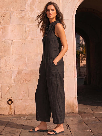 High Waisted Sleeveless Buttoned Pockets Solid Color Stand Collar Jumpsuits