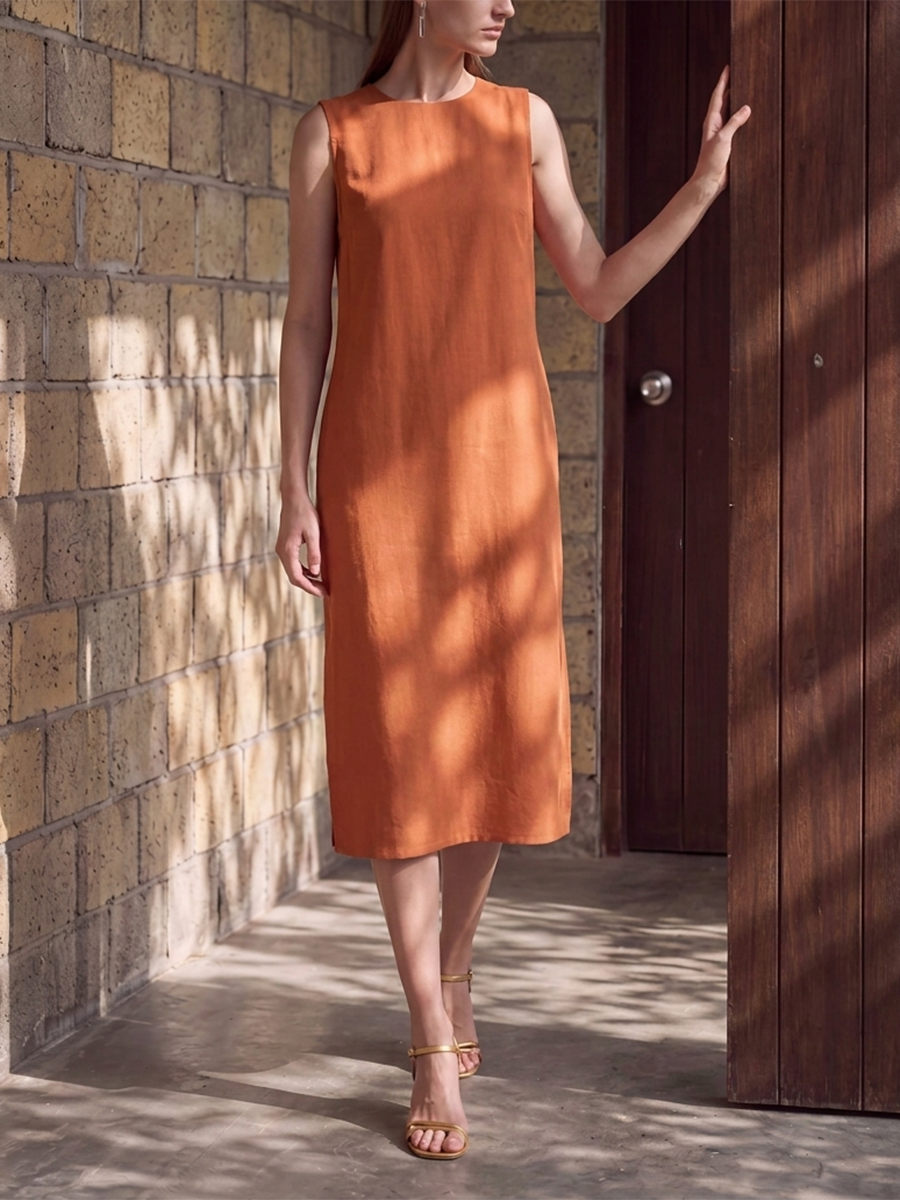 Loose Sleeveless Pockets Solid Color Round-Neck Midi Dresses