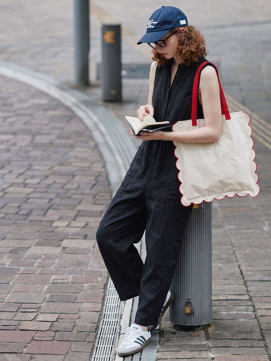 High Waisted Sleeveless Buttoned Pockets Solid Color Stand Collar Jumpsuits