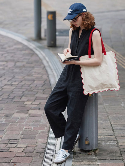 High Waisted Sleeveless Buttoned Pockets Solid Color Stand Collar Jumpsuits
