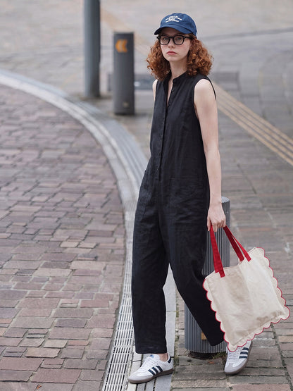 High Waisted Sleeveless Buttoned Pockets Solid Color Stand Collar Jumpsuits