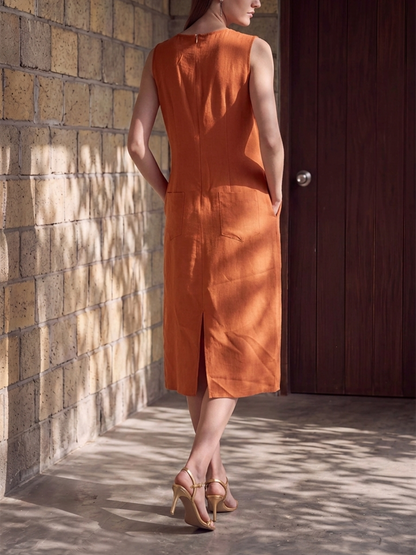 Loose Sleeveless Pockets Solid Color Round-Neck Midi Dresses