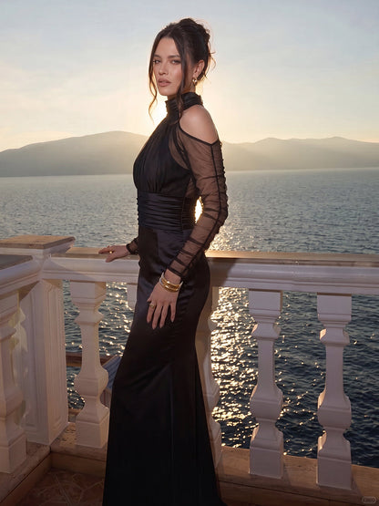 Elasticated Waist High Waisted Pleated See-Through Solid Color Split-Joint Halter-Neck Maxi Dresses