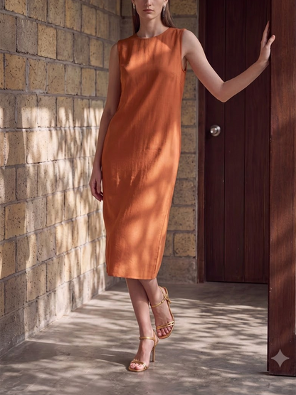 Loose Sleeveless Pockets Solid Color Round-Neck Midi Dresses