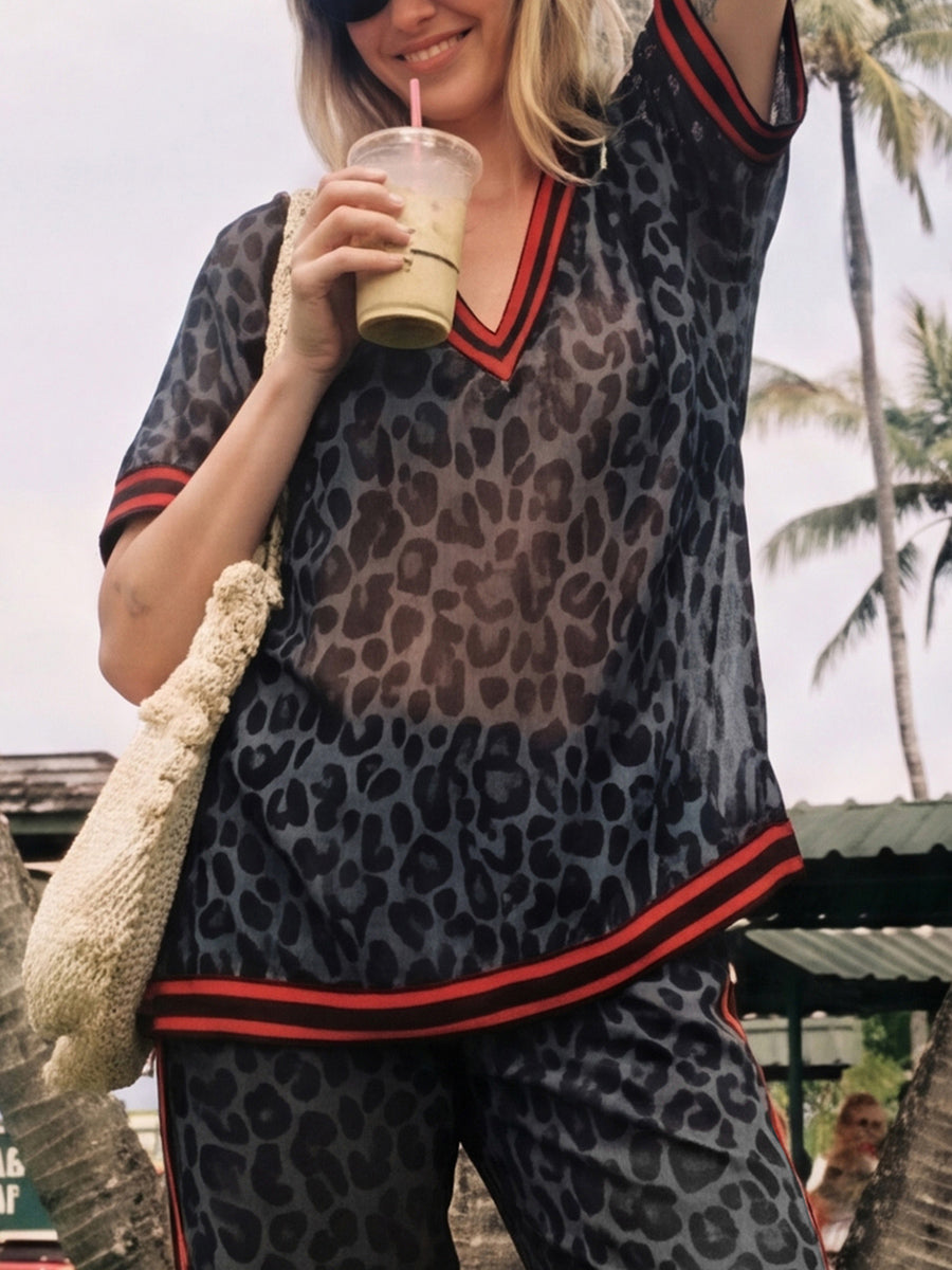 Loose Short Sleeves Contrast Color Leopard See-Through Split-Joint Striped Lapel Blouses&Shirts Tops