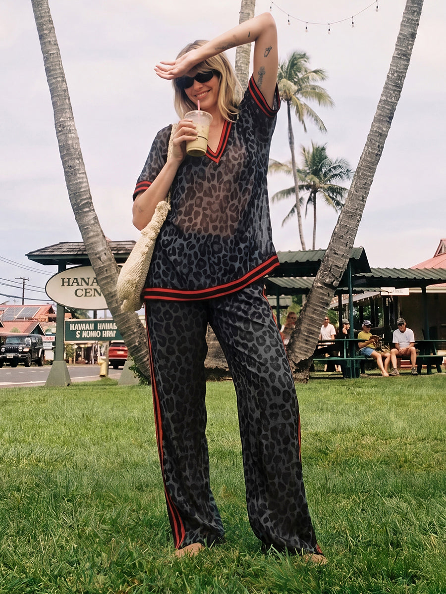 Loose Wide Leg Contrast Color Leopard Pockets See-Through Split-Joint Striped Pants Trousers