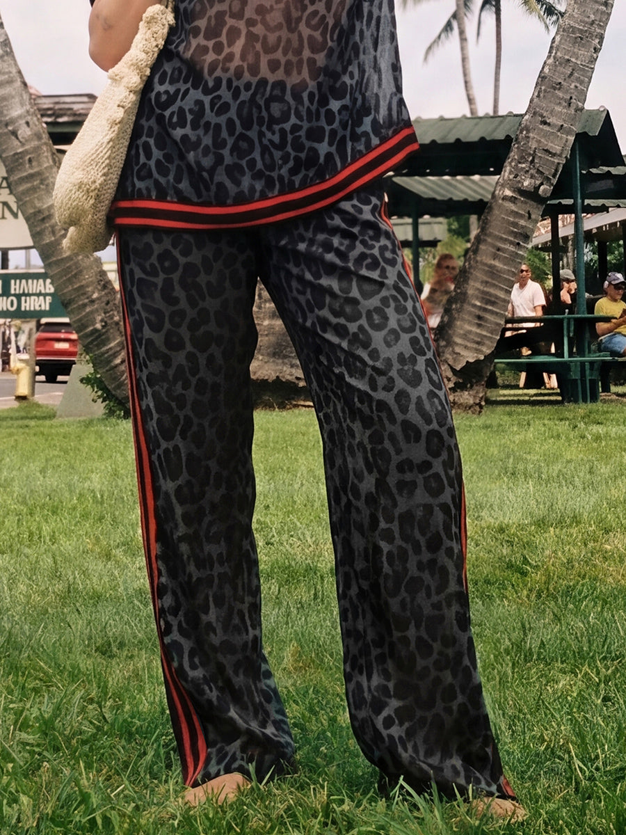 Loose Wide Leg Contrast Color Leopard Pockets See-Through Split-Joint Striped Pants Trousers