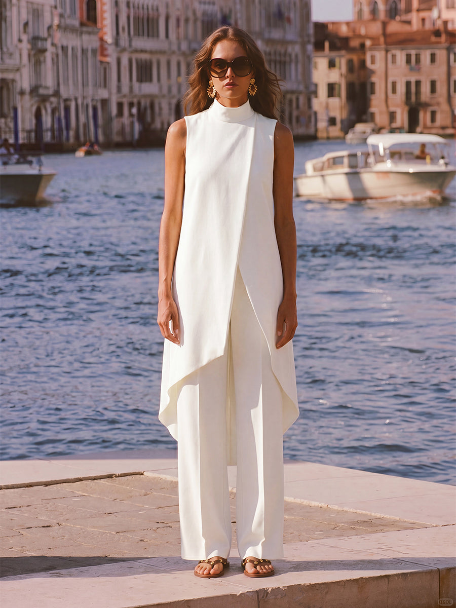 Solid Color Mock Neck High-Low Blouses&Shirts Tops + High Waisted Pants Trousers Two Pieces Set