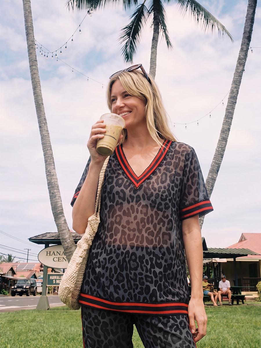 Loose Short Sleeves Contrast Color Leopard See-Through Split-Joint Striped Lapel Blouses&Shirts Tops