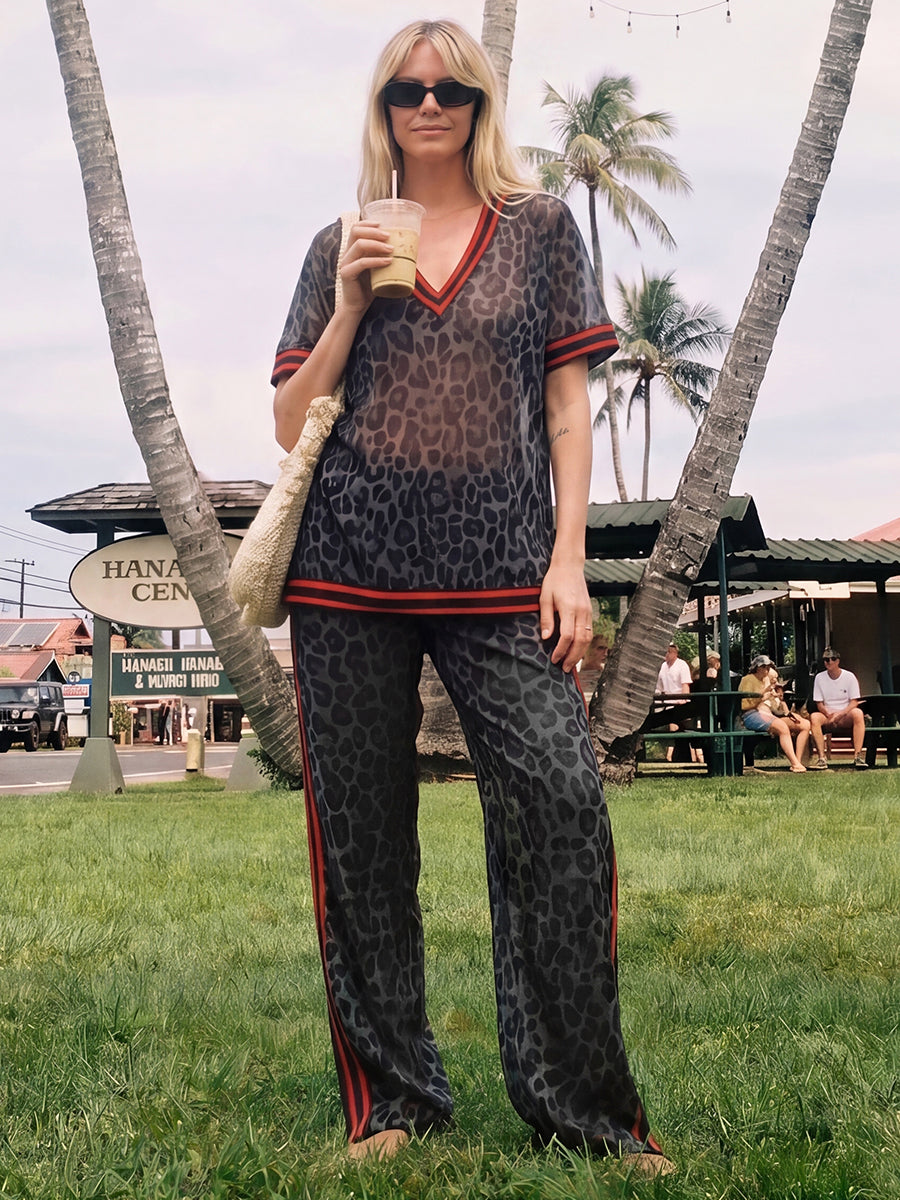 Loose Wide Leg Contrast Color Leopard Pockets See-Through Split-Joint Striped Pants Trousers