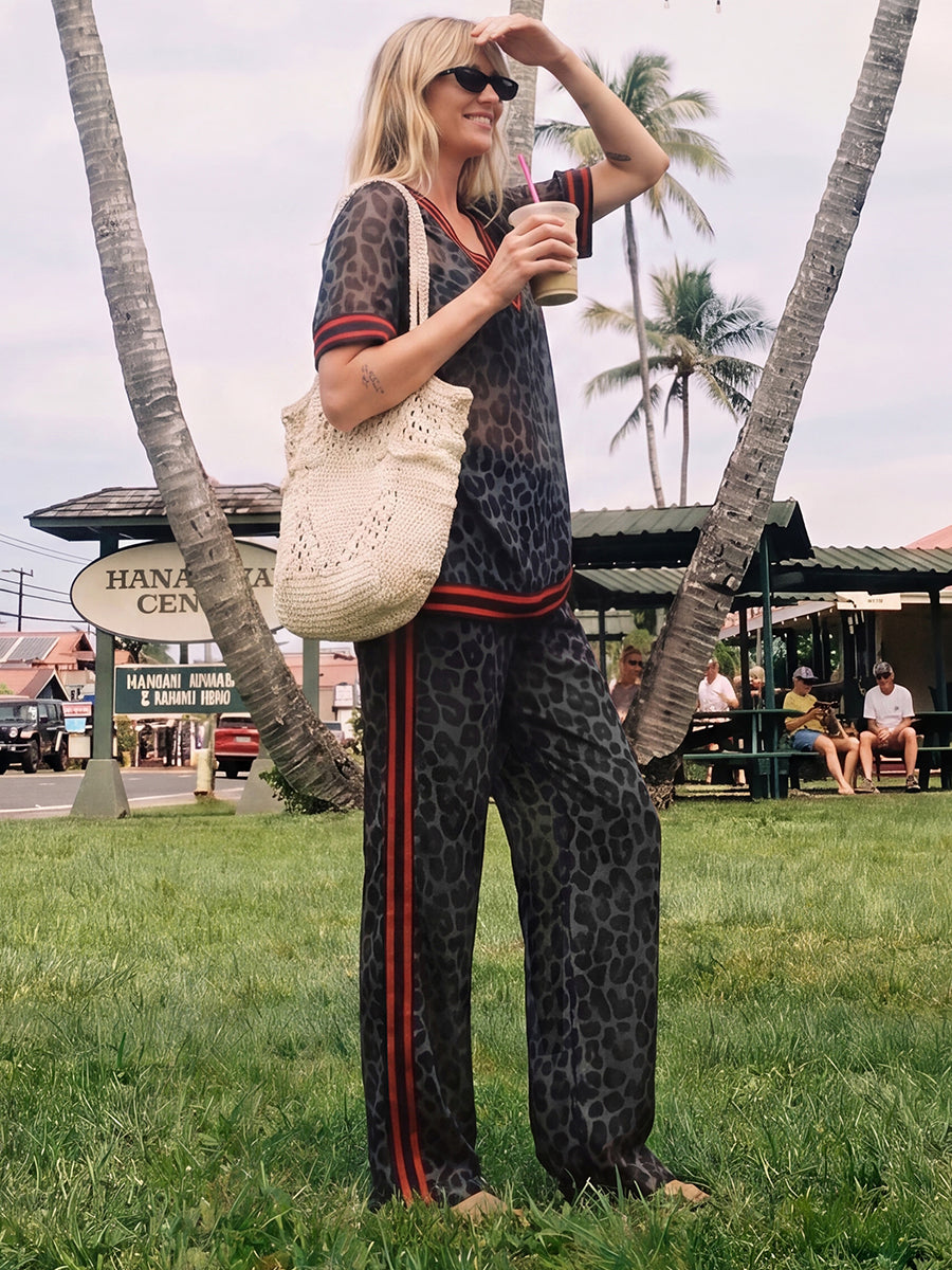Loose Wide Leg Contrast Color Leopard Pockets See-Through Split-Joint Striped Pants Trousers