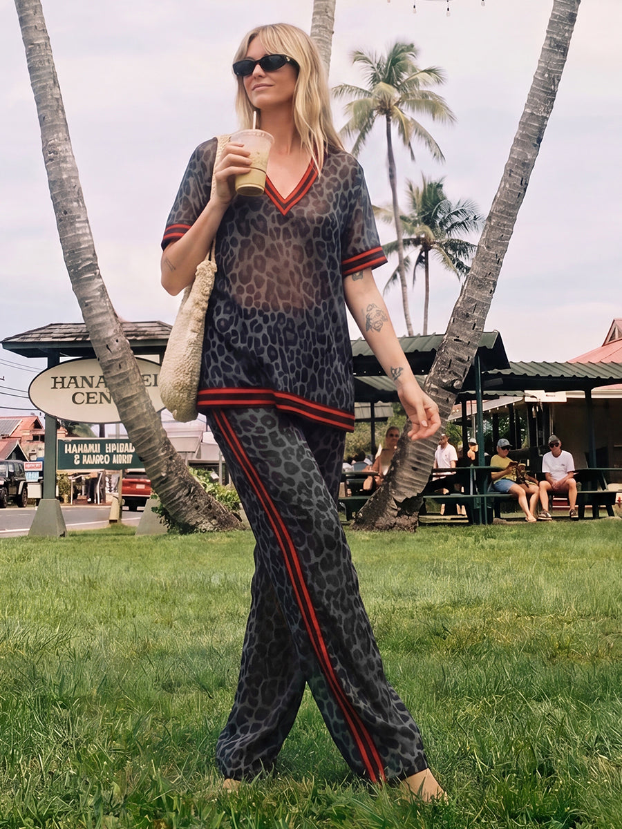 Loose Wide Leg Contrast Color Leopard Pockets See-Through Split-Joint Striped Pants Trousers
