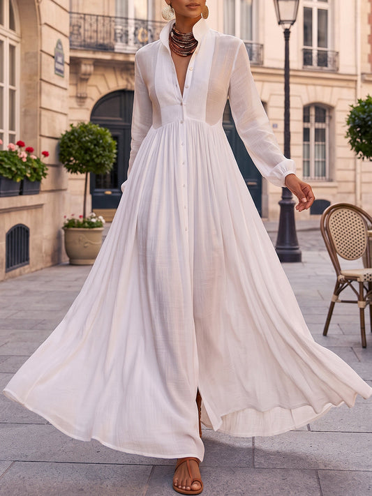 A-Line High Waisted Buttoned Pleated Pockets Solid Color Split-Joint Stand Collar Maxi Dresses Shirt Dress