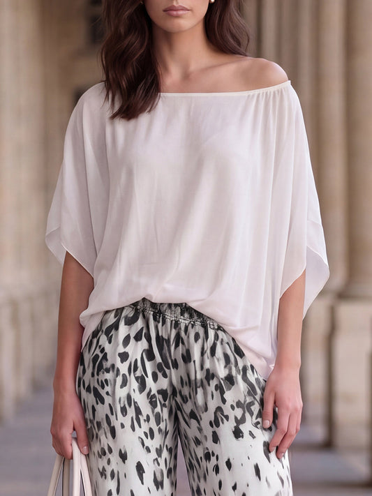 Batwing Sleeves Loose Pleated Solid Color Round-Neck Blouses&Shirts Tops