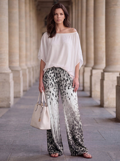 Loose Wide Leg Elasticity Gradient Leopard Pockets Trousers Wide Leg Pants