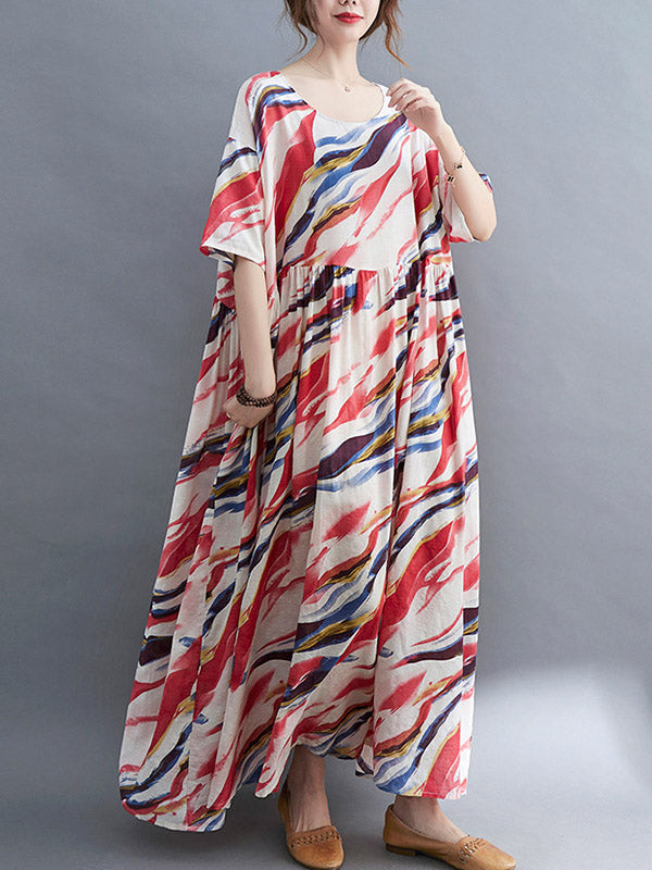 Vintage Loose Printed Split-Joint Pleated Half Sleeves Maxi Dress