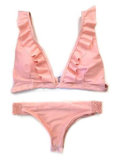 Sexy Falbala Plain Bikinis Swimwear