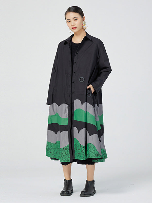 Original Buttoned Contrast Color Lapel Long Sleeves Midi Dress