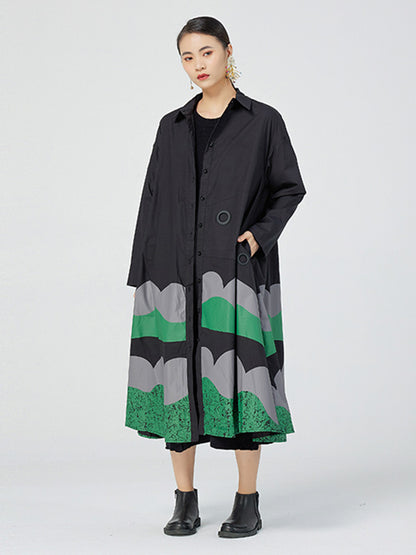 Original Buttoned Contrast Color Lapel Long Sleeves Midi Dress
