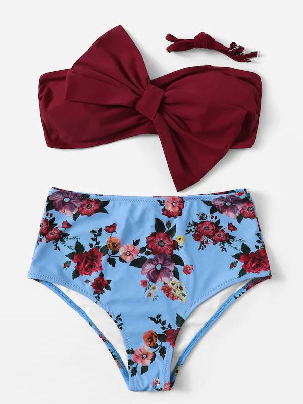 Floral-Print Bowknot Bandeau Split Bikini Swimsuit