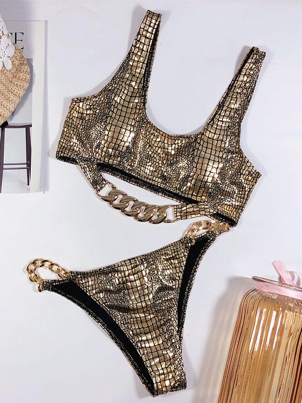 Snake-Print Chain Embellished Split Bikini Swimsuit