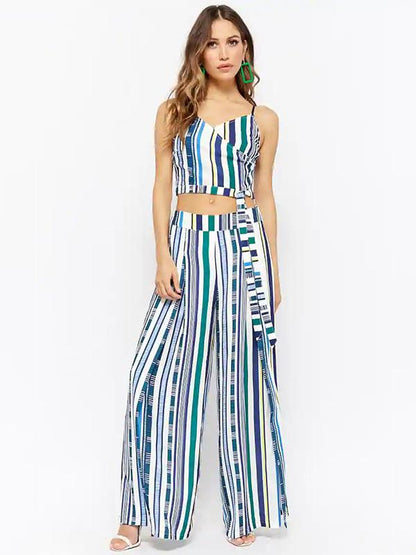 Stripe Spaghetti-neck Crisscross Tops And Wide Leg Pants Suits
