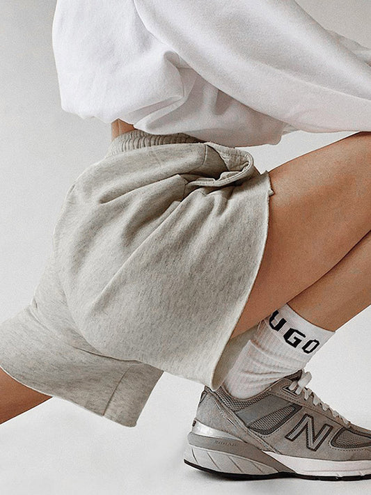 Simple Gray High Waisted Drawstring Sports Shorts