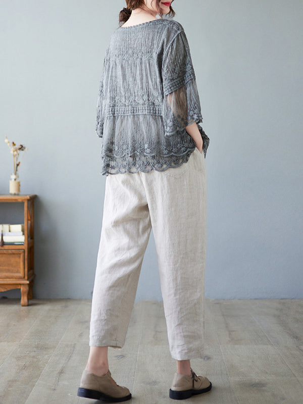 Original Loose Artistic Retro Lace Embroidered T-Shirt Top