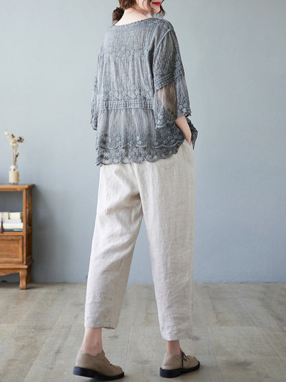 Original Loose Artistic Retro Lace Embroidered T-Shirt Top