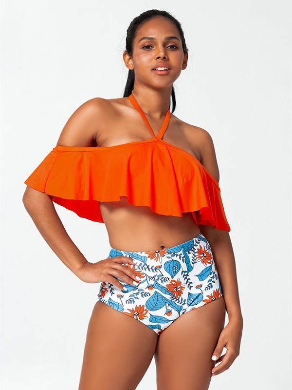 Sexy Bare Shoulders Flounces Split Bikini Swimsuit