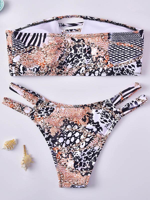 Snake-Print Hollow Split Bikini Swimsuit