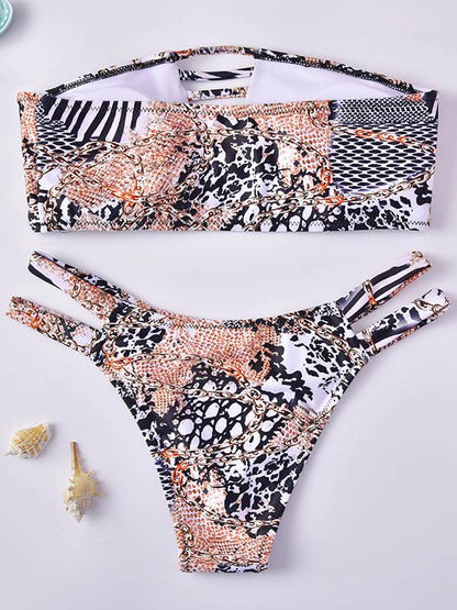 Snake-Print Hollow Split Bikini Swimsuit