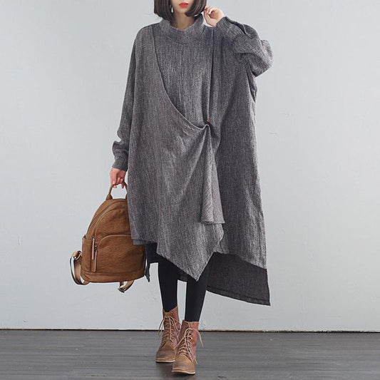 Buykud Pure Color Turtleneck Irregular Casual Dress