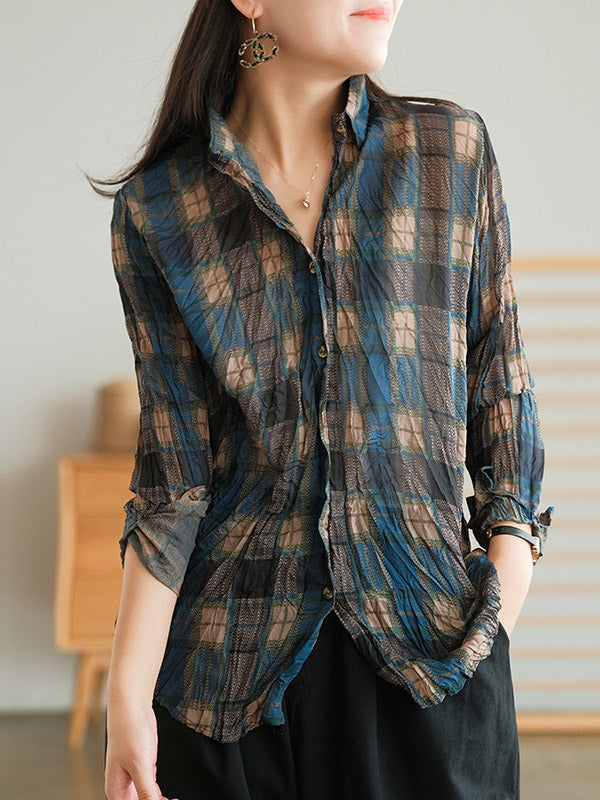 Vintage Long Sleeves Buttoned Plaid Printed Blouses Top