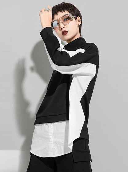 Stylish Split-Joint False Two Long Sleeves Zipper Stand Collar T-Shirt