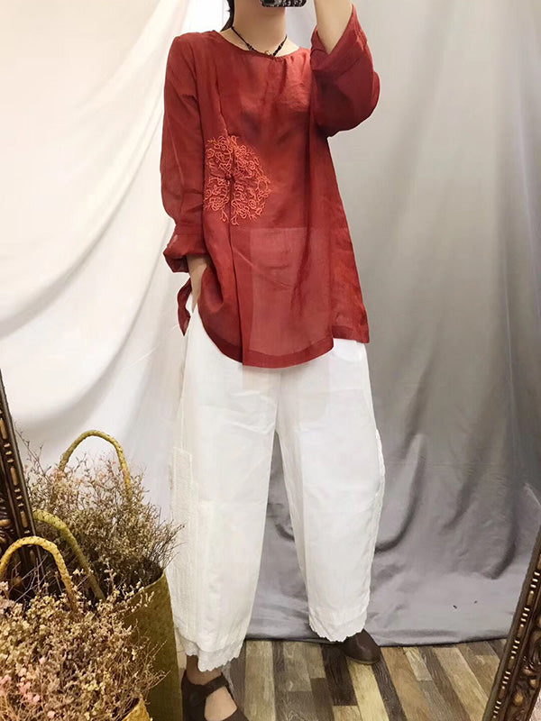 Vintage Ramie Cotton Embroidered Round-Neck T-Shirt Tops