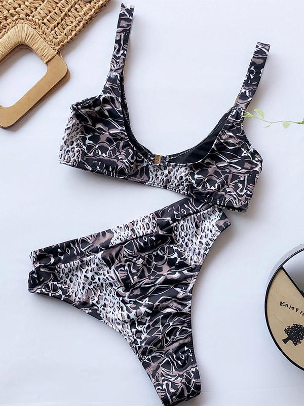 Floral-Print Triangle Split Bikini Swimsuit