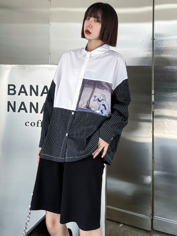 Stylish Cartoon Printed Plaid Split-Joint Lapel Collar Long Sleeves Blouse