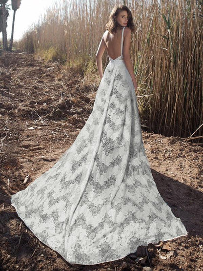 Deep V-neck Backless Big Hem Wedding Dress