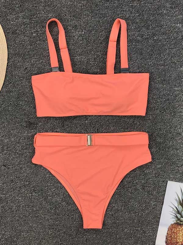 Solid Color Metal Buckle Bikini Swimsuit