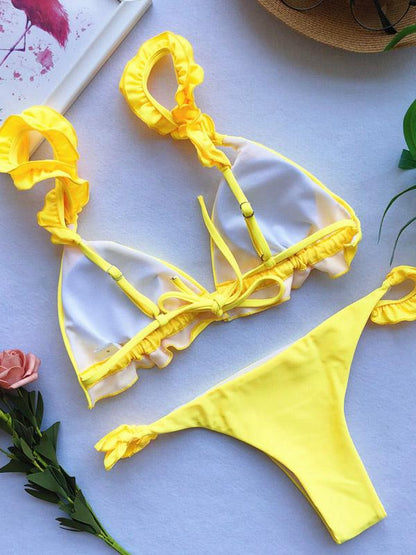 Plain Lettuce Frilled Bikini Swimsuit