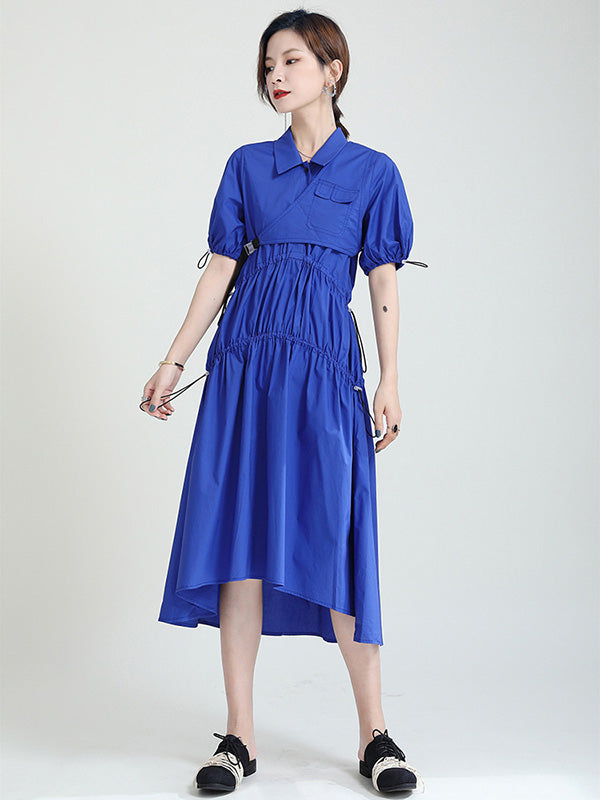 Casual Solid Color Asymmetric Pleated Split-Joint Midi Dress+Vest Tops Two Pieces Set