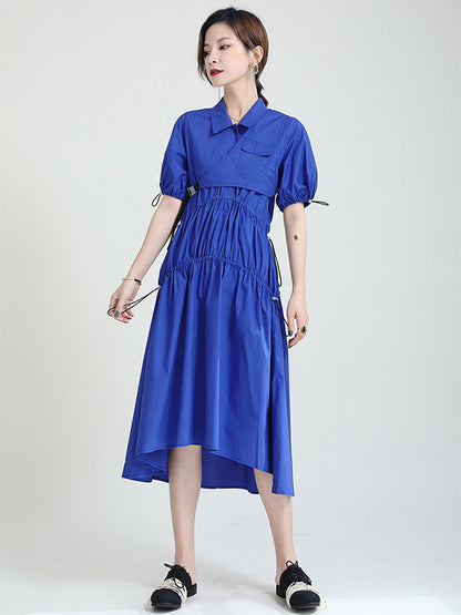 Casual Solid Color Asymmetric Pleated Split-Joint Midi Dress+Vest Tops Two Pieces Set